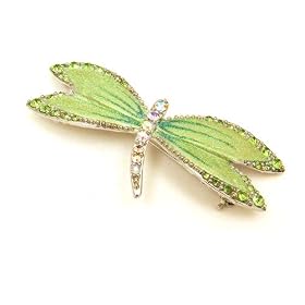 AB Clear & Apple Green Austrian Rhinestone & Enamel Dragonfly Silver-Plated Brooch Pin