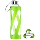 SWIG SAVVY Stylish Real Borosilicate 20-oz Glass Water Bottle with Silicone Sleeve - Stainless Steel Cap with Carrying Loop - Green