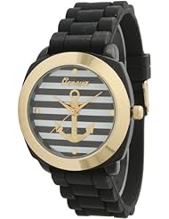Womens Geneva Striped Anchor Style Silicone Watch - Black