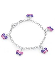 Unicornj Sterling Silver Childrens Bracelet with Butterfly Charms Pink and Purple Dotted