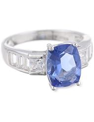 Platinum Plated Sterling Silver Blue Glass and White Simulated Diamond Ring, Size 7