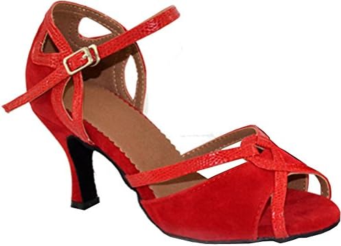 Fifly Womens Latin Salsa Cha-cha Custom Heel Peep-toe Down Professional Dance-shoes Red US Size7.5(2.8IN)