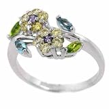 Sterling Silver Yellow, Lavender, Light Blue, and Green cubic zirconia Flower Ring