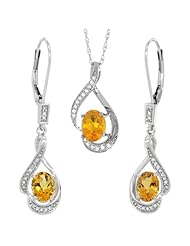 14K White Gold Natural Citrine Lever Back Earrings & Pendant Set Diamond Accent