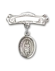 Sterling Silver Baby Badge with Our Lady of Victory Charm and Arched Polished Badge Pin