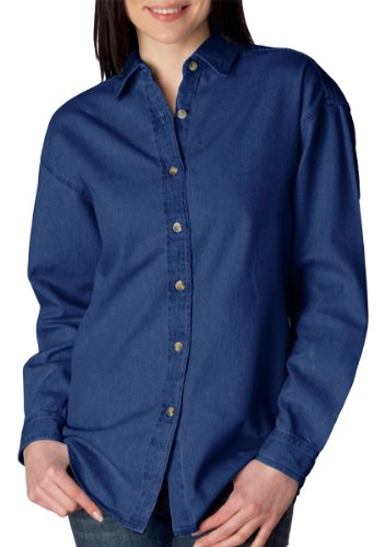 UltraClub Women's Soft Cypress Denim Double Needle Woven Shirt