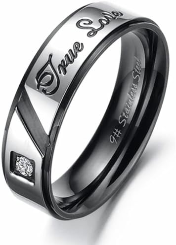 U2U Jewelry Stainless Steel Engraved Clear CZ Solitaire Prong Couples Engagement "True Love"Wedding Bands Rings For Men and Women (Black, 10)