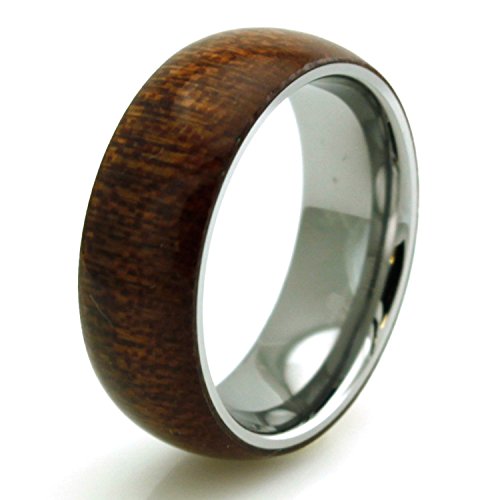 Stainless Steel Mahogany Wood Inlay Domed Ring