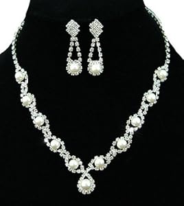 Interwoven Pearl & Crystal Sparkling Bridal Necklace Earrings Jewellery Set with PreciousBags Dust Bag