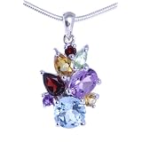 Blue Topaz, Garnet, Citrine, Amethyst and Peridot Gemstone Sterling Silver Pendant Necklace on 18 Inch Chain
