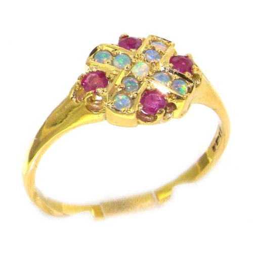 18K Yellow Gold Womens Victorian Style Opal & Ruby Cluster Ring - Finger Sizes 5 to 12 Available