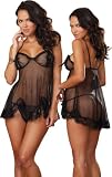 Sheer Black Open Cup Babydoll Lingerie Set - One Size
