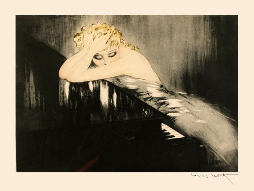 Blond Fashion Lady Dream with Black Piano by Louis Icart 12