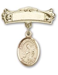 14K Gold Baby Badge with St. Alphonsus Charm and Arched Polished Badge Pin