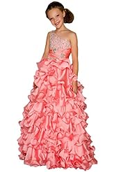 Girls  Taffeta One Shoulder Crystals Crystal Tiered Lace  Ball Gown Pageant Dress/Party Dress 