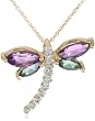 10k Yellow Gold Amethyst and Mystic Topaz Diamond Dragonfly Pendant Necklace, 18"