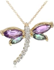 Yellow Gold Gemstone Diamond Dragonfly Pendant Necklace, 18"