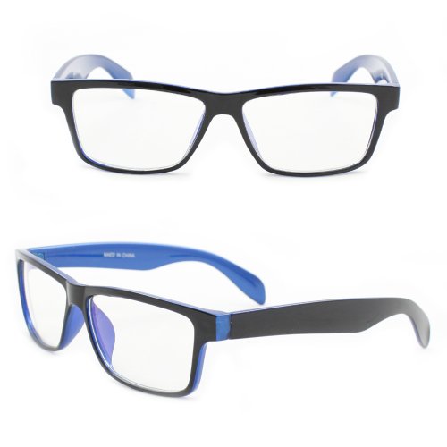 HOTLOVE Rectangle Fashion Sunglasses P2133 Black with Blue Frame Clear Lens for Women and Men (can be optical frame)