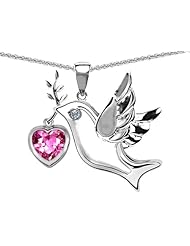 Original Star K (tm) Peace Love Dove Pendant with Heart Shape 7mm Created Pink Sapphire in .925 Sterling Silver