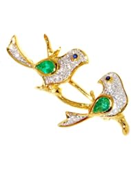 Diamond Emerald Couple birds Brooch/Pin 18K Yellow Gold [I_002]