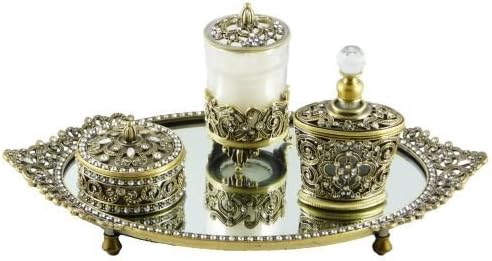 Vanity Set With Crystals, Includes: Candle Holder, Jewelry Box, Perfume Bottle, Mirror Tray