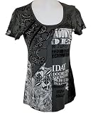 Vanilla Sugar - Skinny Minnie Nouveau Rock Short Sleeve, Boat Neck Collar, Lace Trimmed, Geometric Patterned, Womans Fashion Top, 100% Cotton - Charcoal