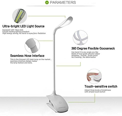 Iforesight® Portable Rechargeable LED Desk Lamp with Clip and Touch Sensor Control, 3 Mode Adjustable Brightness