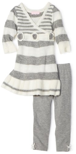 Little Lass Baby-girls Infant Rosette Stripe 2 Piece Sweater Dress Set, Gray, 18 Months