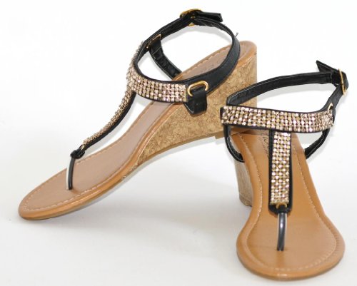 Twisted Women's Riley Faux Leather with Chainmail Diamond T-strap Low Wedge Sandal