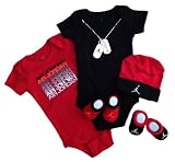 Nike Jordan Infant New Born Baby Boy/Girl 0-6 Months 2 Lap/Shoulder Bosyduits, 2 Pair of Booties and 1 Cap With Jordan Sign 5 PCS Set New