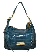 Authentic Coach Kristin Denim Blue Embossed Croc Expandable Large Hobo Handbag Denim Blue 16783