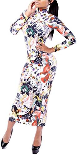 Sexyinlife Ladies High Neck Long Sleeved Printed Bodycon Dress White Medium