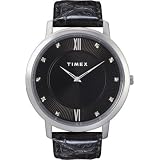 Timex Mens Classic Black Dial Diamond Encrusted Markers Leather Strap Watch T2M755