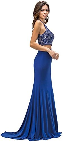 TwinMod 2-Piece Halter Fully Embellished Formal Prom Bridesmaid Dress (SMALL, BLUE)