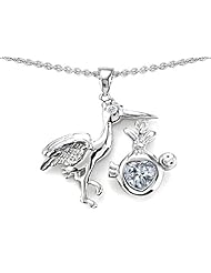 Original Star K (tm) New Baby Stork Mother Pendant with 8mm Heart Shape Genuine White Topaz in .925 Sterling Silver