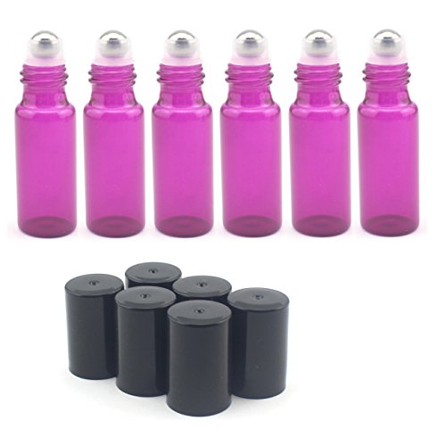 Mavogel 5ml Glass Roll on Bottles--Set of 6 with With Metal Ball for Essential Oil,Aromatherapy,Perfumes and Lip Balms,Purple