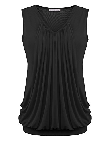 Messic Womens V Neck Sleeveless Pleated Front Tunic Top Blouse