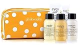 NEW! Philosophy 2012 6-piece Travel Skin Care Gift Set: hope in a jar spf 30 oil-free moisturizer for normal to oily skin + eyes wide open instant refreshing and depuffing eye gel + Purity Made Simple One-Step Facial Cleanser + mangos and cream shampoo, shower gel & bubble bath + mangos and cream body lotion + a Signature Cosmetics Bag