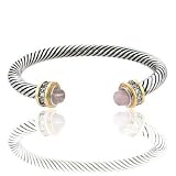 Sterling Silver with Cubic Zirconia and Rose Quartz Designer Inspired Cable Bangle