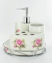 Pink Roses Bathroom Bath Accessory Set Compact