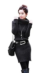Sexy Long Sleeves Turtleneck Above the Knee Belted Fitted Cotton/Wool/Knit Sweater Bodycon Dress/Mini Dress 