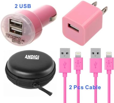 ANDIGI 4-in-1 Dual USB Car Charger + 2 USB Data Charging Cable + Wall Charger + Hard Case for IPhone 5 and 5s, iPad4 and Air