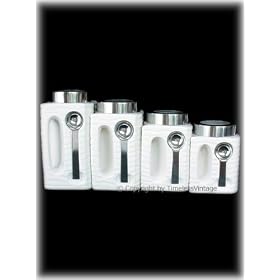 Set 4 Retro White Ceramic Kitchen Canisters with Spoons by American Chateau