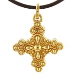 14K Bead Design Cross Pendant with Leather Cord 17