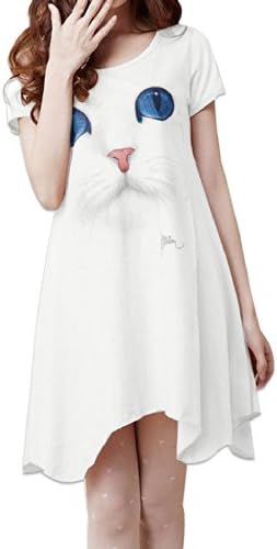 Antje Women's Scoop Neck Short Sleeve Cute Cat Print Casual Loose Mini Dress, L,white