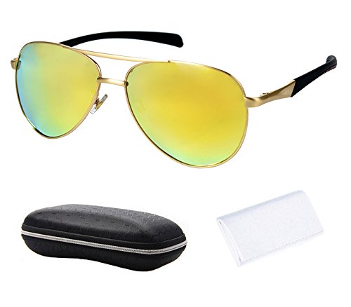 Beison Aviator Glasses Spring Hinge Polarized Sunglasses Mirror Lens 60mm (Gold / Gold mirror, 60mm)