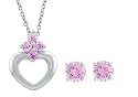 Platinum Overlay Sterling Silver Open Heart Pendant w/ Round Pink Cubic Zirconia Accents & Round Pink Stud Earrings Set