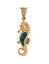 14k Yellow Real Gold Blue Green Opal Seahorse Womens Pendant