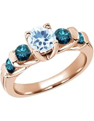 2.07 Ct Round Sky Blue Topaz Blue Diamond 14K Rose Gold Ring