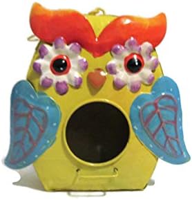Metal Owl Birdhouse - Small Garden Decor (Yellow)
